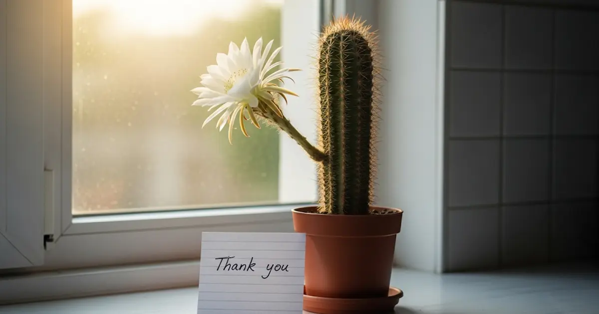 A blooming cactus on a sunny windowsill, symbolising growth, care, and healing